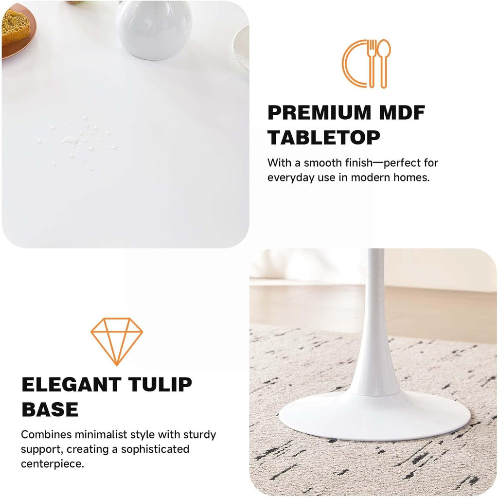 23.6" Round Dining Table for 2-4 Modern Circle Tulip Table with Metal Tulip Pedestal Base for Kitchen Dining Living Room Apartment Small Space Cafe, White