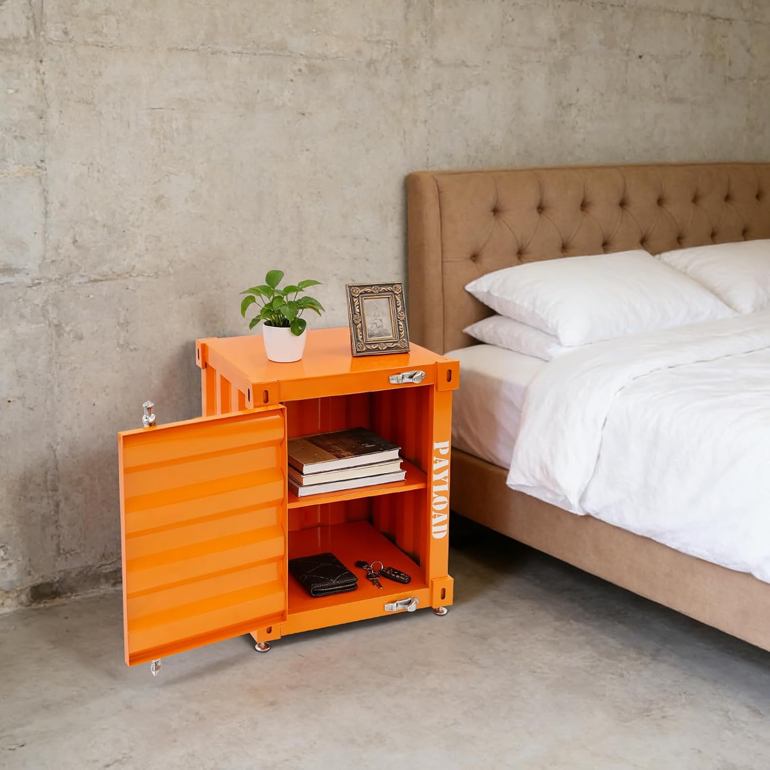 Industrial Wind Bedside Table, End Tables, Container Style Locker Wrought, Tinplate Bilayer Side Table, Metal Locker Nightstand with Combination Lock for Bedroom, Living Room, Office - Orange