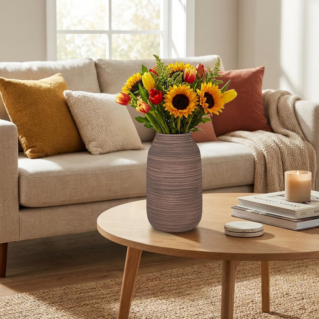 Briful Ceramic Vase for Home Decor, Rustic Brown Textured Decorative Vase for Pampas Grass, Modern Farmhouse Vase for Living Room Coffee Table, Dining Table Centerpiece, Entryway & Shelf (9.8” Tall)