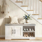 MAHANCRIS Storage Bench, 39.4" Wide Shoe Bench with Padded Seat Cushion, Entryway Bench with 2 Doors and Adjustable Shelf, End of Bed Bench, for Hallway, Bedroom, White and Gray BSWT1201