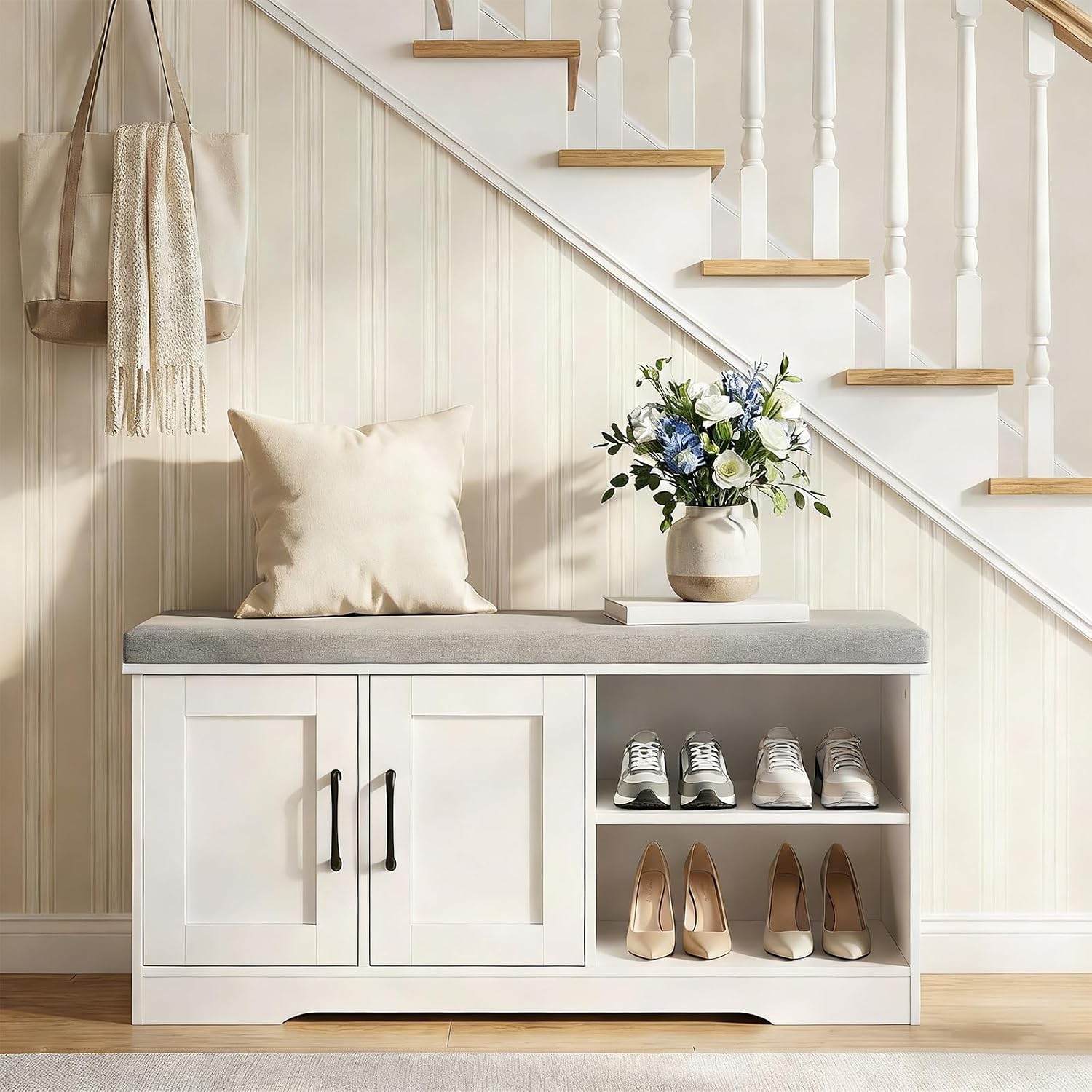 MAHANCRIS Storage Bench, 39.4" Wide Shoe Bench with Padded Seat Cushion, Entryway Bench with 2 Doors and Adjustable Shelf, End of Bed Bench, for Hallway, Bedroom, White and Gray BSWT1201