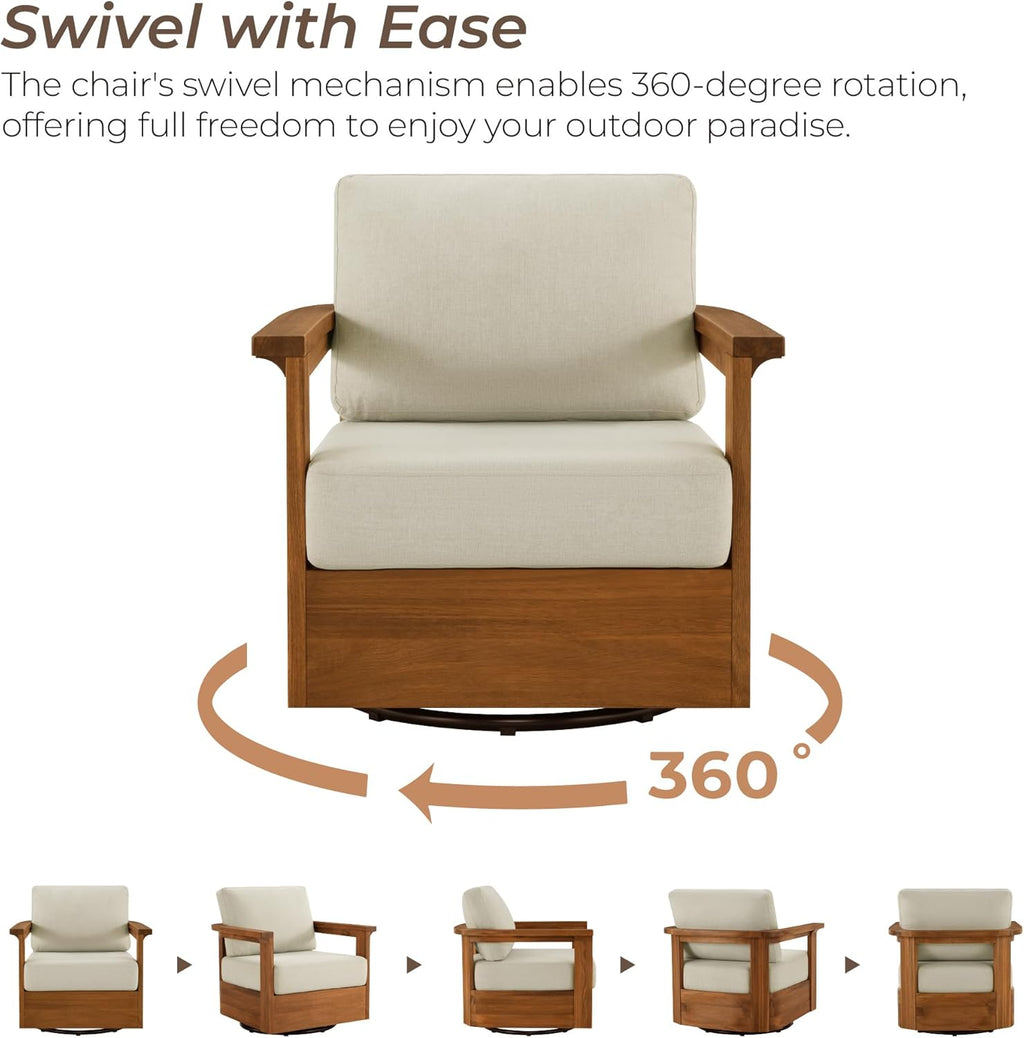 CHITA Patio Acacia 360° Swivel Chair, Outdoor Furniture with 7.7” Thickened Cushions Acacia Wood Frame, Fully Assembled