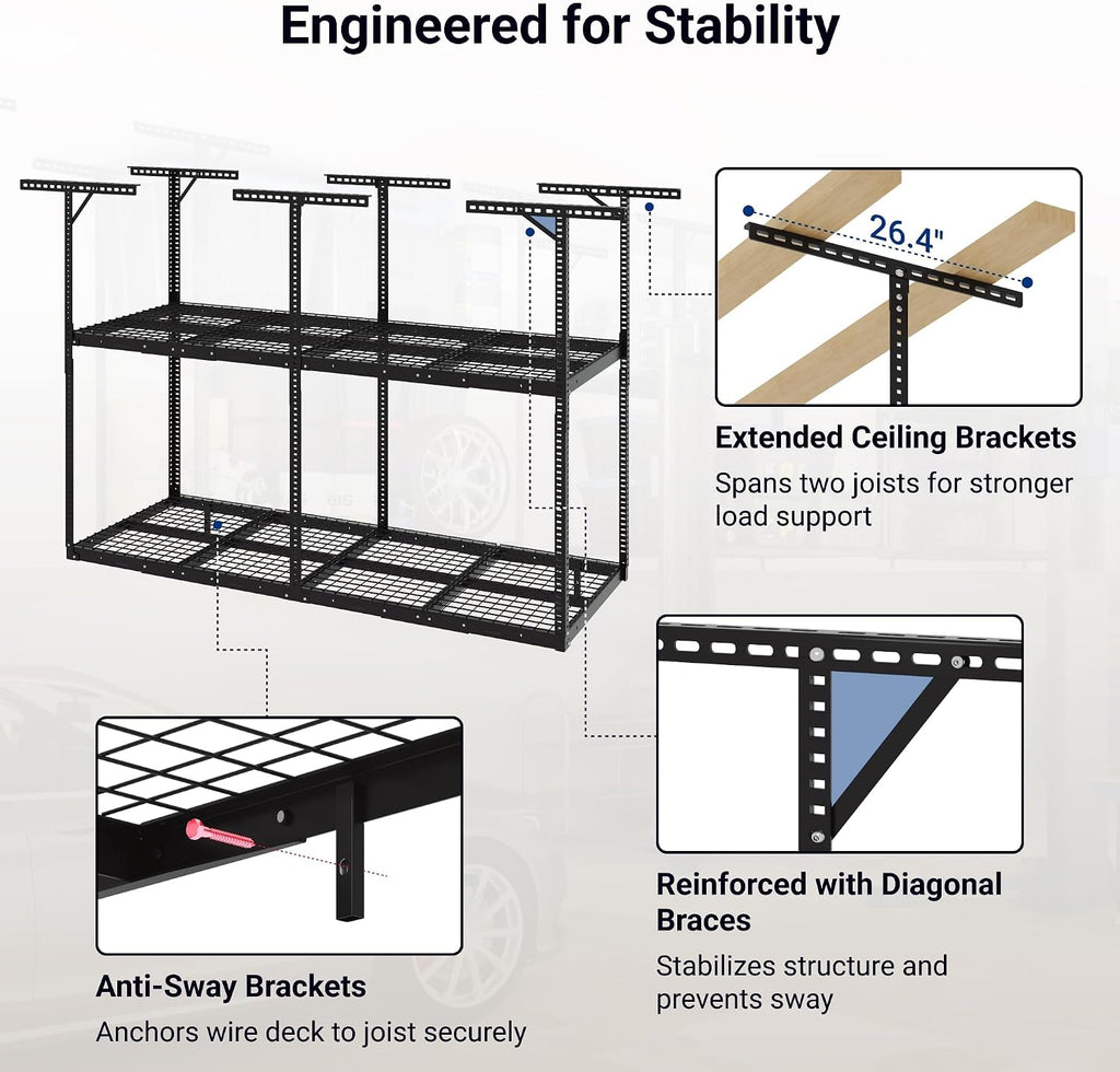 FLEXIMOUNTS 3x8ft 2-Tier Garage Ceiling Storage Rack, Adjustable Overhead Garage Storage System, Heavy Duty Metal Shelving, 1000 lbs Capacity, Ideal for 9–15ft High Ceilings, Black