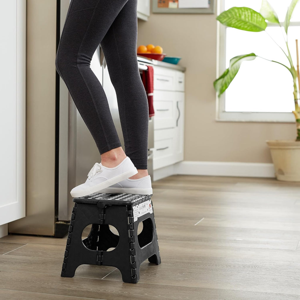 Casafield 11" Folding Step Stool with Handle, Black - Portable Collapsible Small Plastic Foot Stool for Kids and Adults - Use in the Kitchen, Bathroom and Bedroom