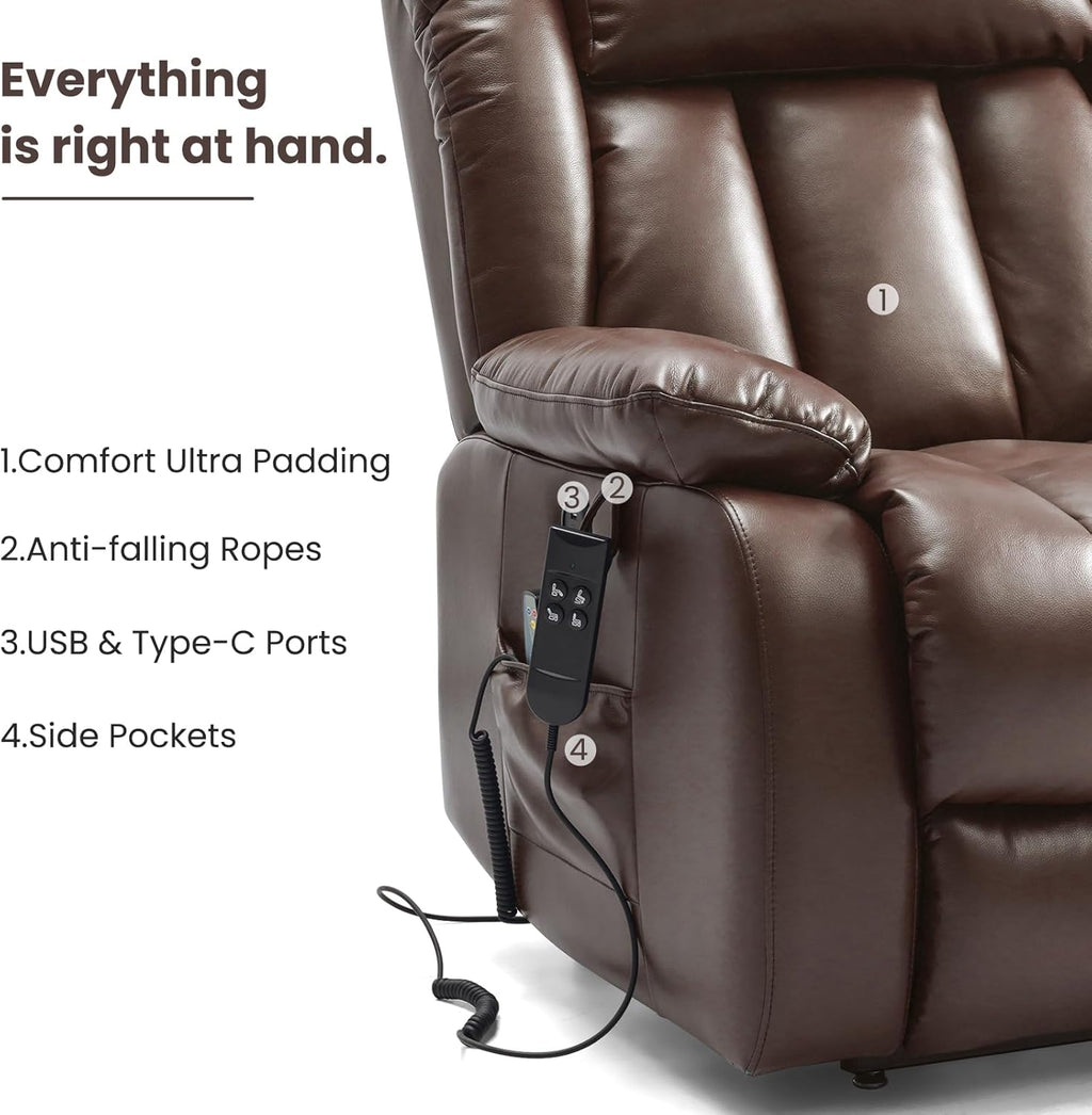 PARKOL Dual Motor Power Lift Recliner Chair for Elderly, 180-Degree Infinite Position Lay Flat Leather Recliner Chairs, with Massage and Heating, USB & Type-C Port and Remote Brown