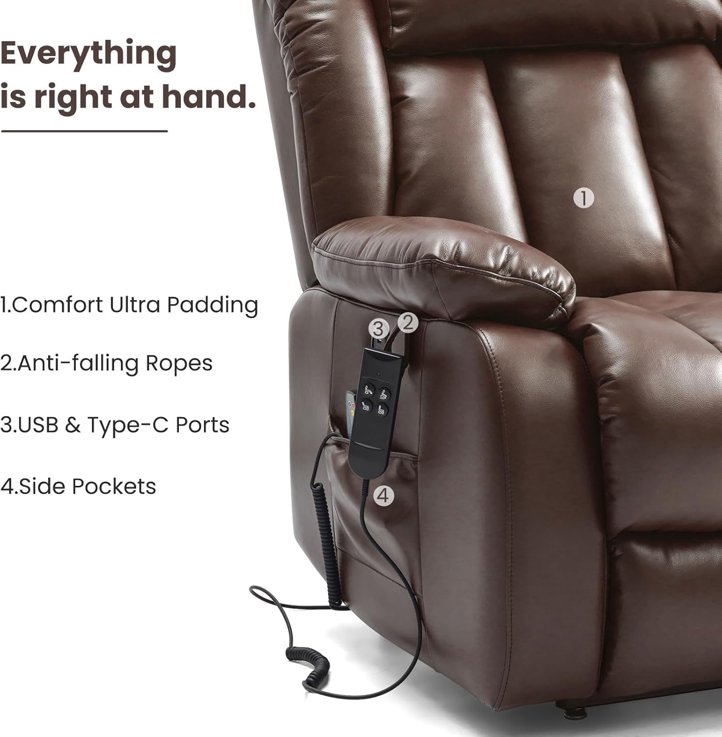 PARKOL Dual Motor Power Lift Recliner Chair for Elderly, 180-Degree Infinite Position Lay Flat Leather Recliner Chairs, with Massage and Heating, USB & Type-C Port and Remote Brown