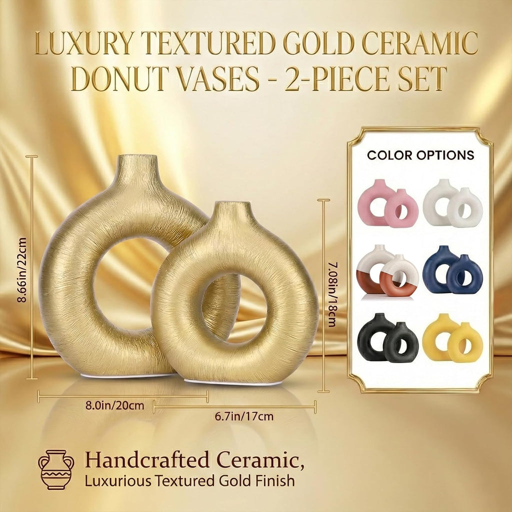 Gold Vase Decor Donut Vase Set of 2 - Circle Hollow Vases, Modern Matte Ceramic Vases for Entryway Living Room Bedroom Dining Table Centerpiece Office Home Decor