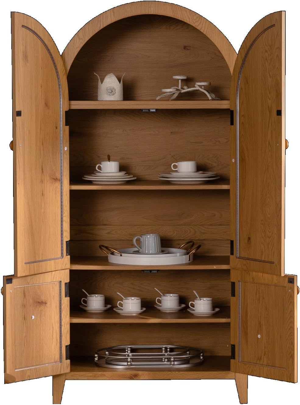 63.39" Arched Kitchen Pantry Cabinet with Rattan Doors,Farmhouse Freestanding Storage Cupboard with Adjustable Shelves,Tall Bookcase for Dining Room,Living Room,Bathroom,Natural