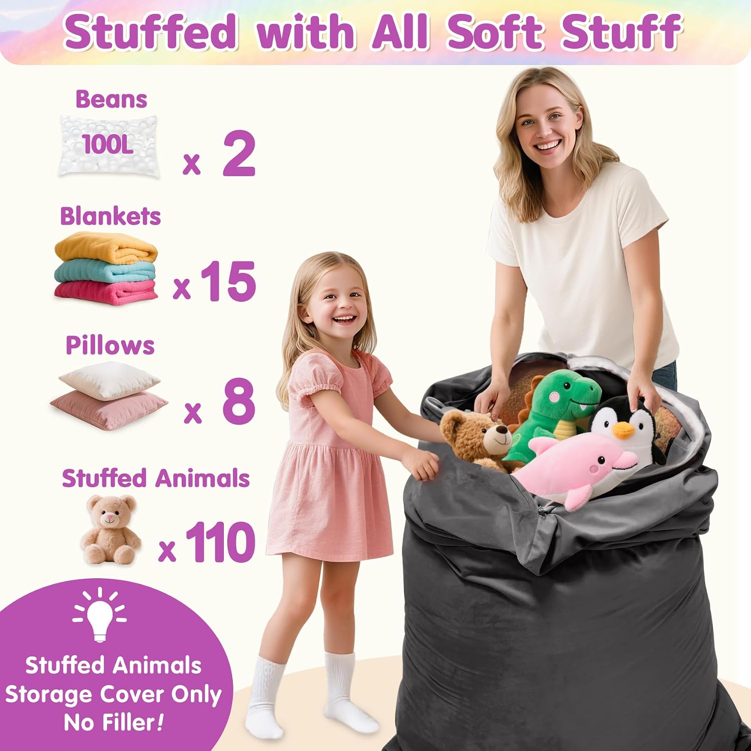 Jorbest Stuffed Animals Storage Bean Bag Chair for Kids and Adults, Stuffed Animals Bean Bag Storage, Luxury Velvet Stuffie Seat - COVER ONLY(Dark Grey 200 L/52 Gal)