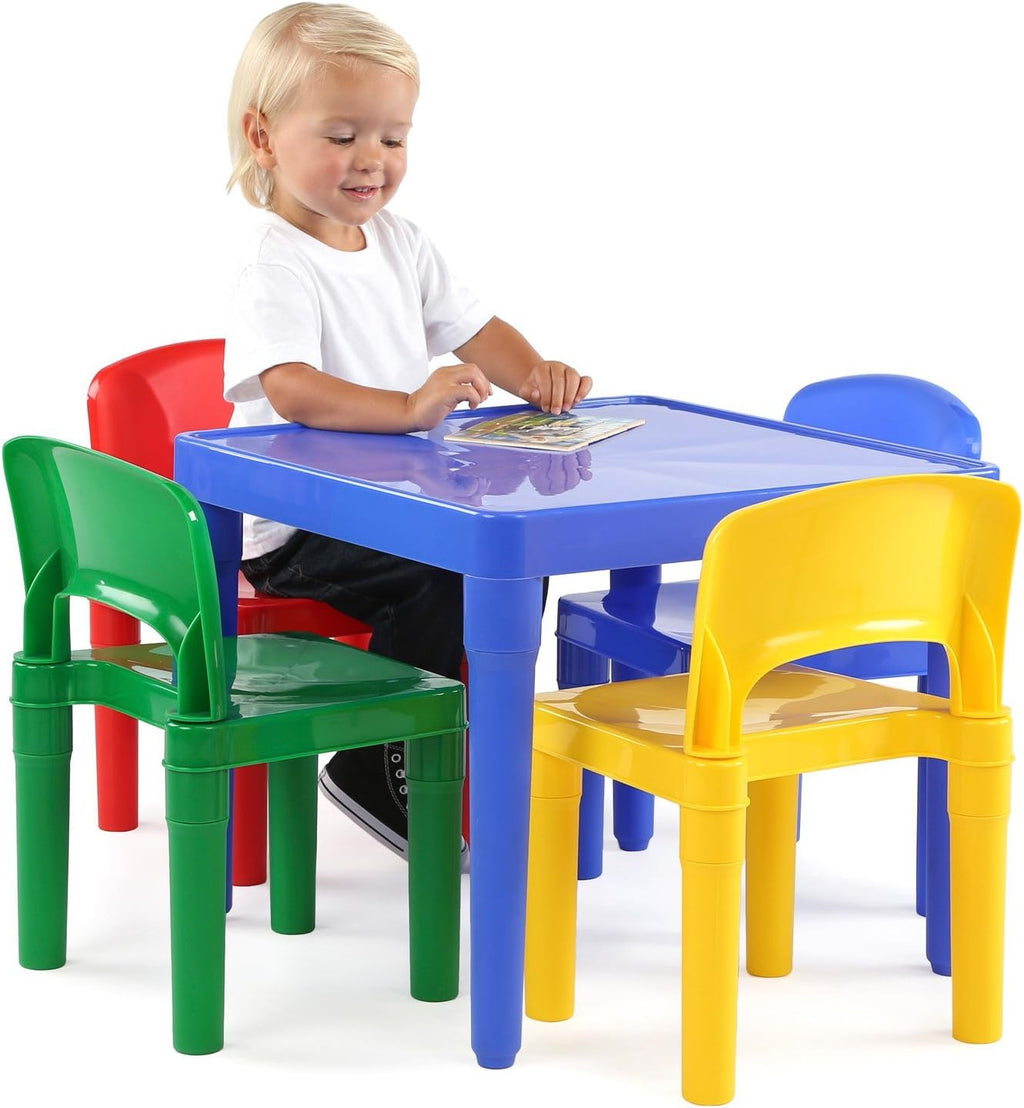 Humble Crew Kids Plastic Table and Chair Set, Toddler Activity Table with 4 Chairs, Lightweight Easy-Clean Kids Desk for Play, Snacks-Crafts, Indoor Outdoor Playroom Furniture, Blue/Primary