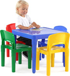 Humble Crew Kids Plastic Table and Chair Set, Toddler Activity Table with 4 Chairs, Lightweight Easy-Clean Kids Desk for Play, Snacks-Crafts, Indoor Outdoor Playroom Furniture, Blue/Primary