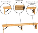 Taylor & Logan Ingles 8' x 12'' Antique Rustic Light Natural Solid Pine Folding Farm Bench with 3 Legs