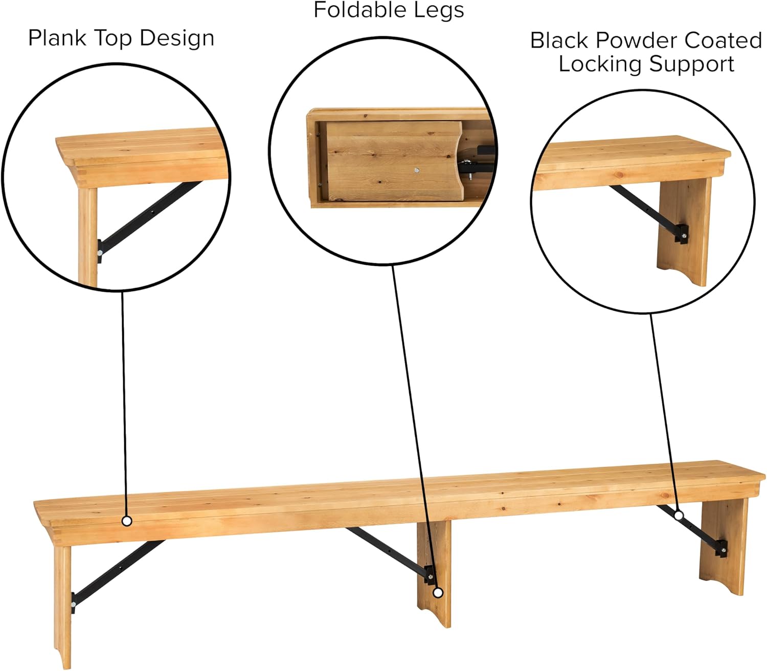 Taylor & Logan Ingles 8' x 12'' Antique Rustic Light Natural Solid Pine Folding Farm Bench with 3 Legs