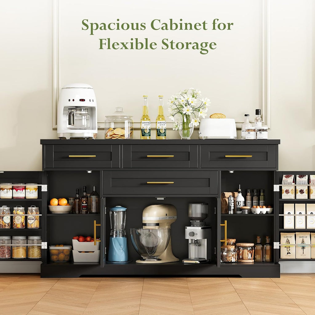 Concho 54" Buffet Cabinet with Storage, Kitchen Sideboard Cabinet with 4 Drawers, Coffee Bar Cabinet with Shelves, Modern Storage Cabinet for Dining Room, Living Room & Kitchen, Black