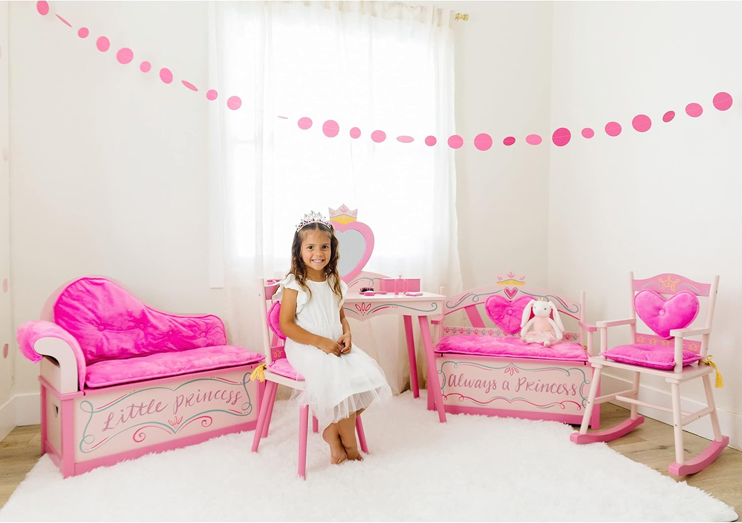 Wildkin Kids Princess Vanity & Chair Set – Wooden Vanity for Girls with Mirror, Jewelry Box & Music Box, with Removable Cushioned Chair - Pink