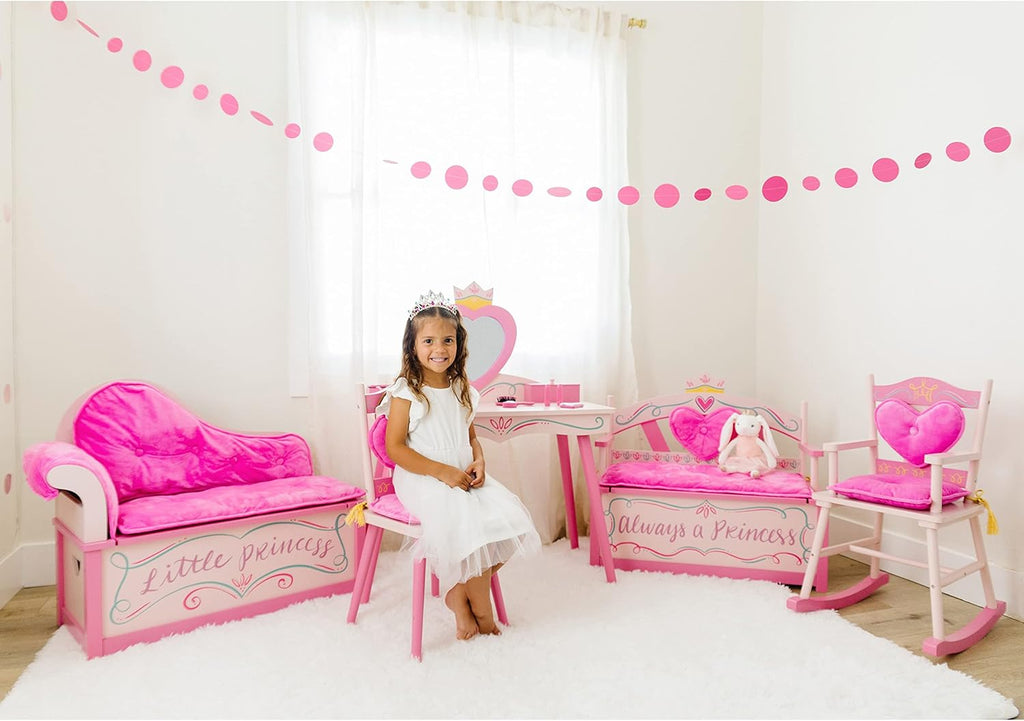 Wildkin Kids Princess Vanity & Chair Set – Wooden Vanity for Girls with Mirror, Jewelry Box & Music Box, with Removable Cushioned Chair - Pink