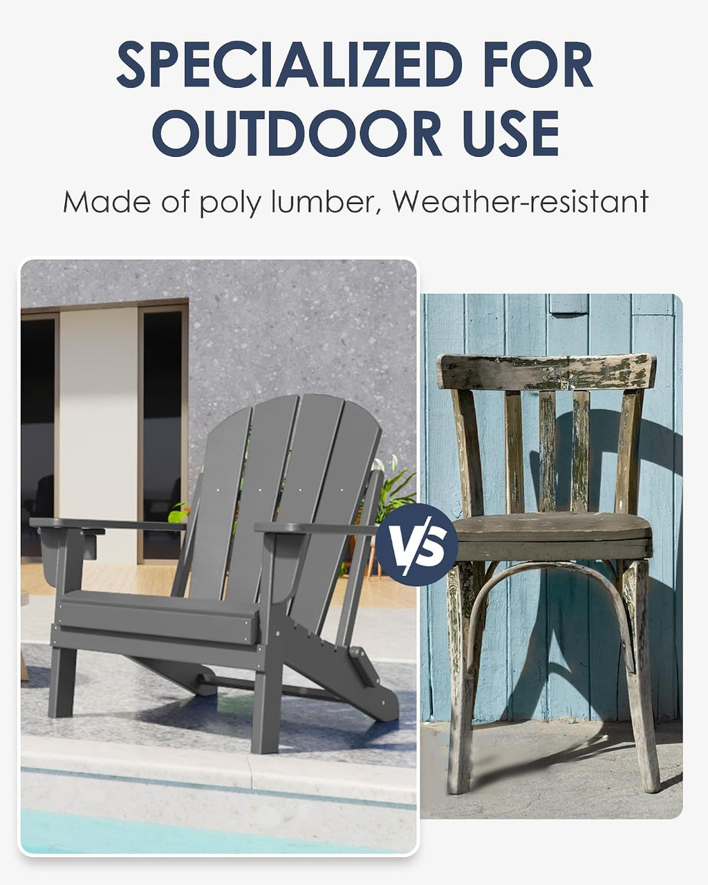 Folding Adirondack Chairs Set of 2, All-Weather Resistant HDPE Patio Firepit Chairs, Sturdy Outside Chairs with Cup Holder, Lawn Chairs, 80% Pre-Installed Load Capacity 385lb, Slate Grey