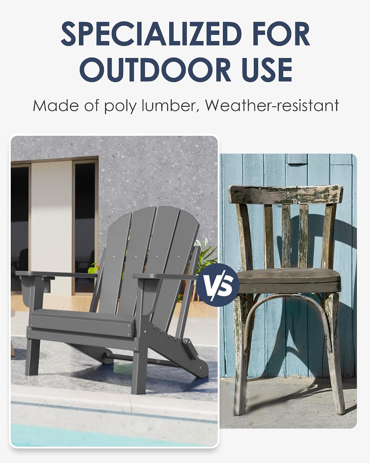 Folding Adirondack Chairs Set of 2, All-Weather Resistant HDPE Patio Firepit Chairs, Sturdy Outside Chairs with Cup Holder, Lawn Chairs, 80% Pre-Installed Load Capacity 385lb, Slate Grey