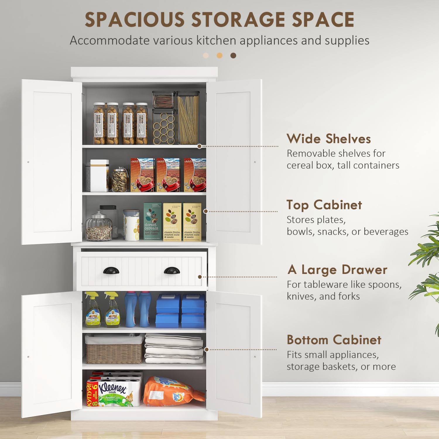 72" Farmhouse Kitchen Pantry Cabinet with Drawer and Adjustable Shelves - White