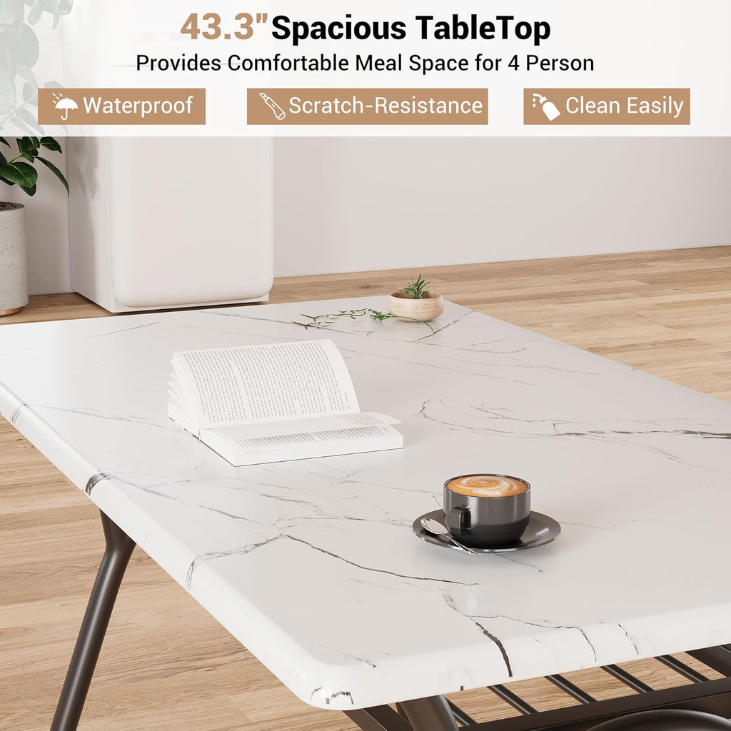 GarveeHome 5-Piece Dining Table Set for 4, Modern Kitchen Table with 4 Boucle Chairs, Rectangular Dining Table with Storage Shelf & Marble Tabletop, Beige Home Dining Furniture for Small Space