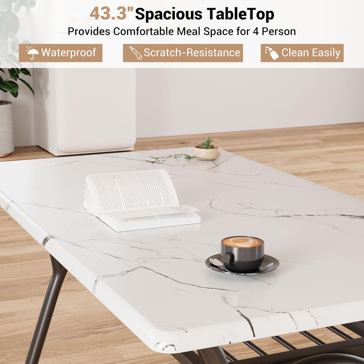 GarveeHome 5-Piece Dining Table Set for 4, Modern Kitchen Table with 4 Boucle Chairs, Rectangular Dining Table with Storage Shelf & Marble Tabletop, Beige Home Dining Furniture for Small Space