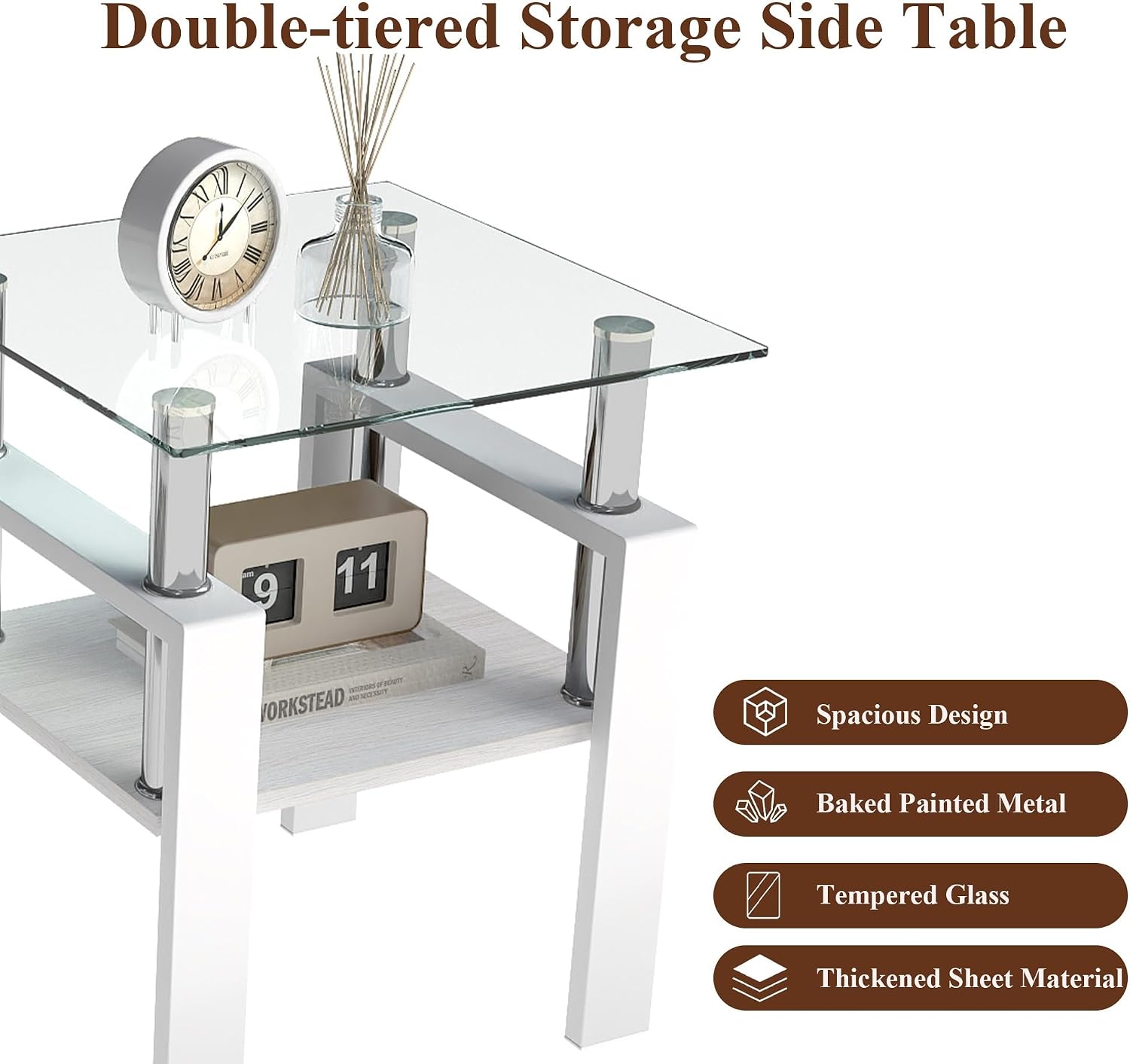 2-piece Set Modern Tempered Glass Side Table, Small Glass Top End Table, Square Table with Metal Frame, Suitable for Living Room and Bedroom
