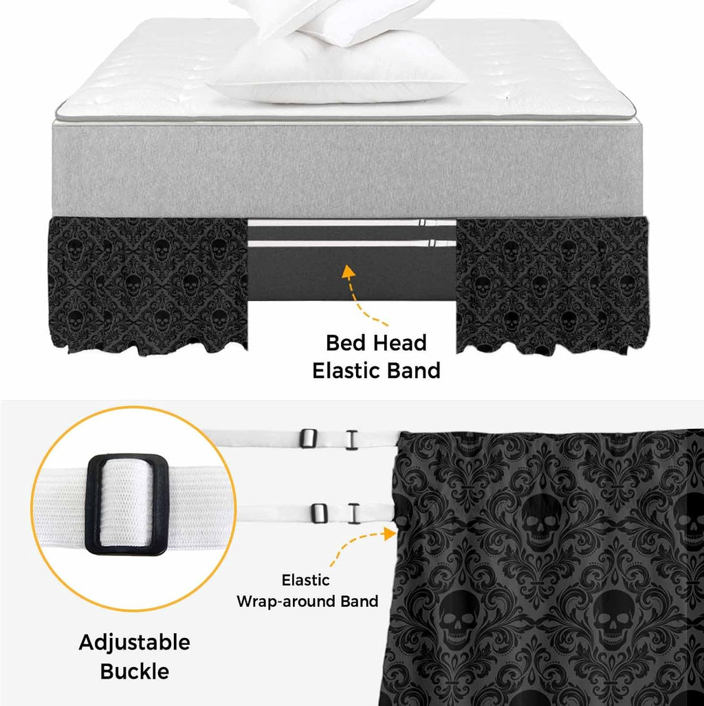 Black Skeleton Bed Skirt Queen Size 16 Inch Drop, Adjustable Elastic Bedskirt Dust Ruffle for Queen Bed, Light Blue Horror Skull Vintage Chic Art Wrap Around Bed Skirts Pleated Bed Frame Cover
