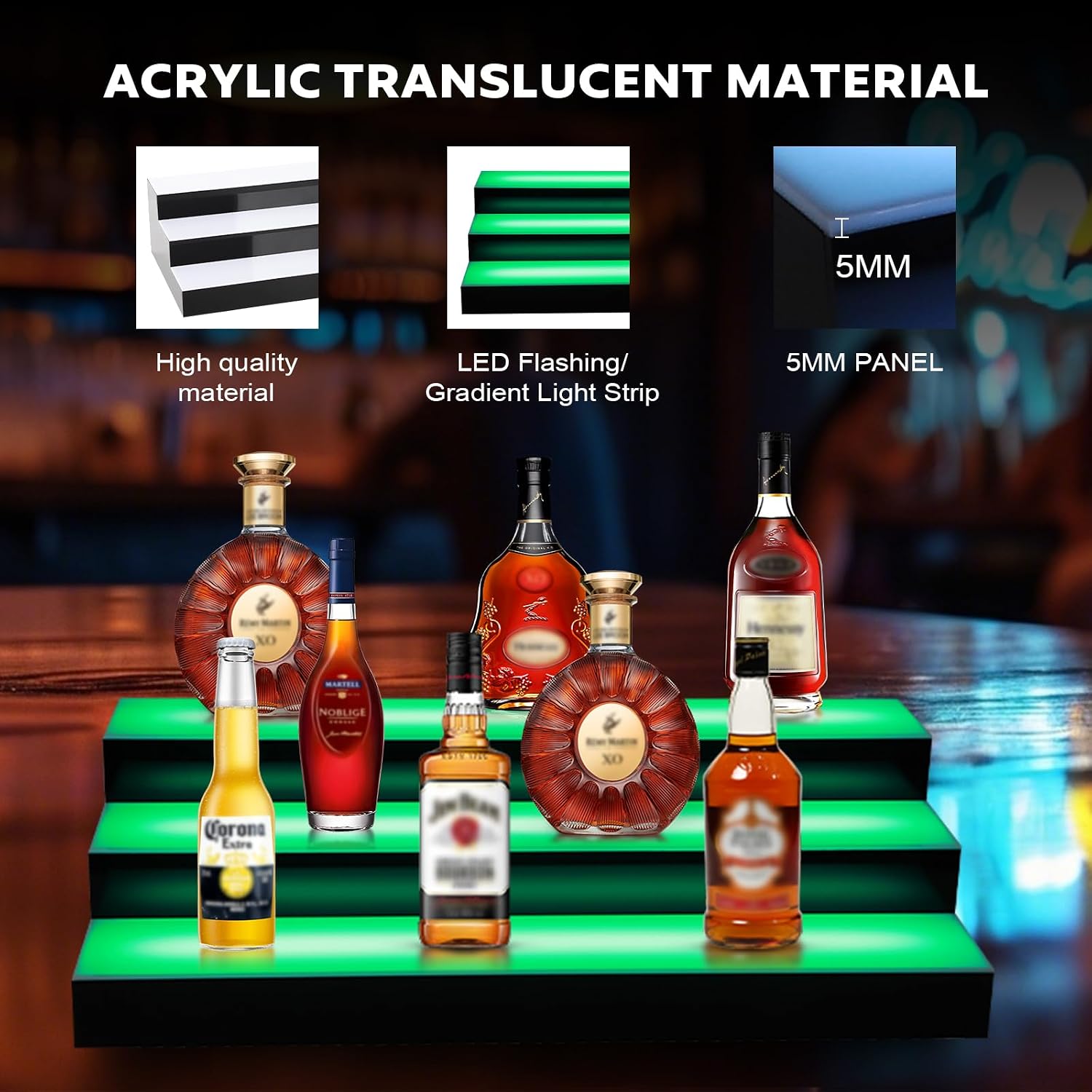 Dollate 3-Tier 24 Inch LED Liquor Bottle Display Shelf, Tabletop Wine Rack, 16 Colors, Adjustable Light for Home Bar, Party, Commercial Use
