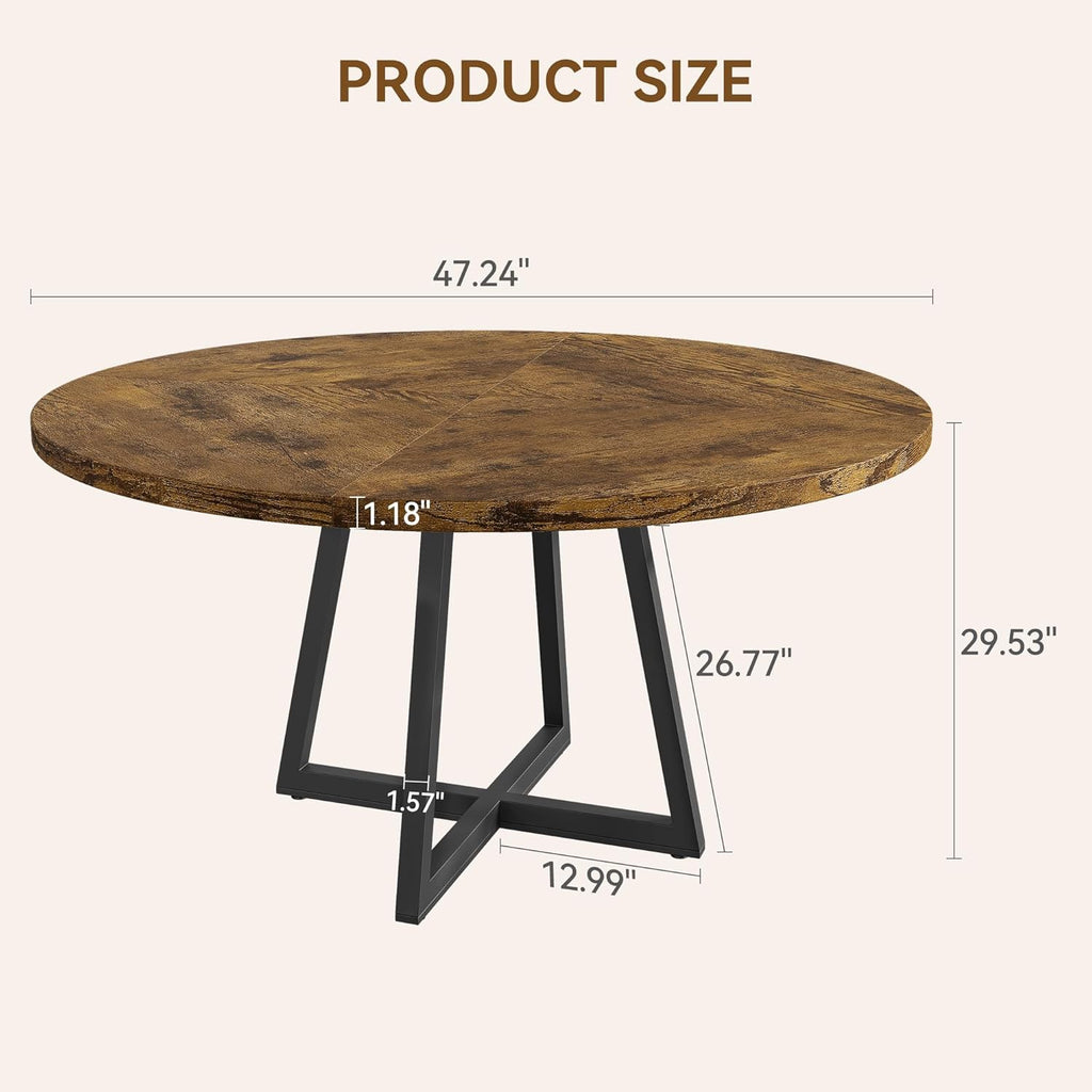 Industrial Round Dining Table, 47 Inch Round Kitchen Table for 4, Rustic Brown Dinner Table with Wooden Top and Metal Base for Dining Room, Living Room - (No Chairs)
