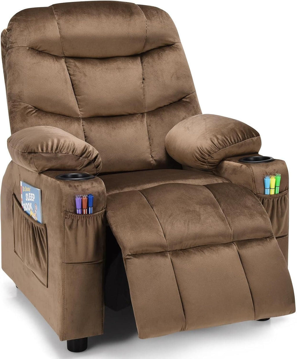 Kids Recliner, Kids Recliner Chair w/ 2 Cup Holders, Velvet Fabric Chairs Comfy w/Adjustable Backrest & 3 Pockets, Toddler Furniture Sofa for Boys Girls Aged 3+