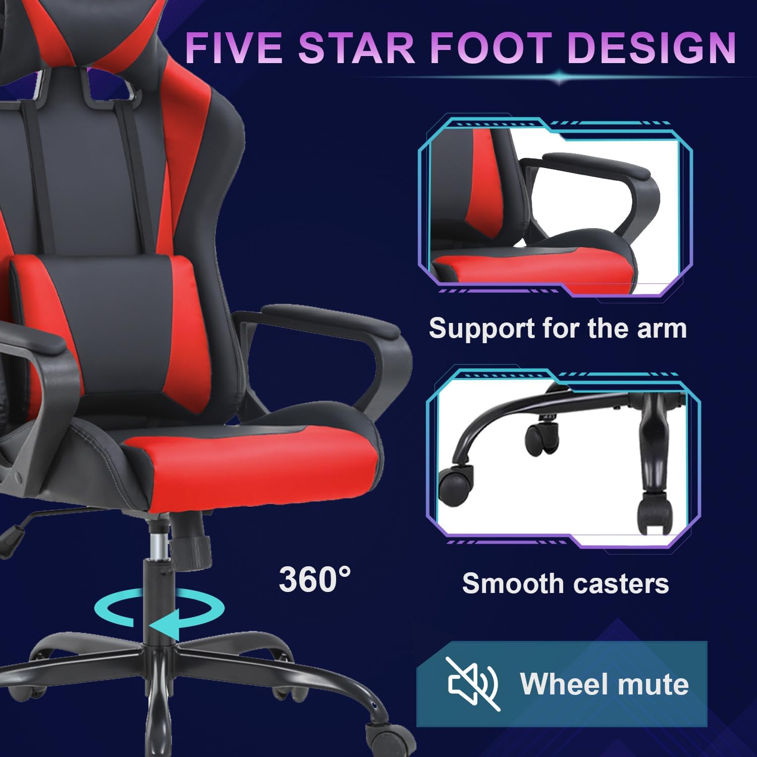 Ruesleag Home Office Gaming Chair,High-Back Ergonomic PC Computer Chair w/Lumbar Support Headrest PU Swivel Rolling Chair Task Executive Desk Chair for Teens Men and Adults,Red