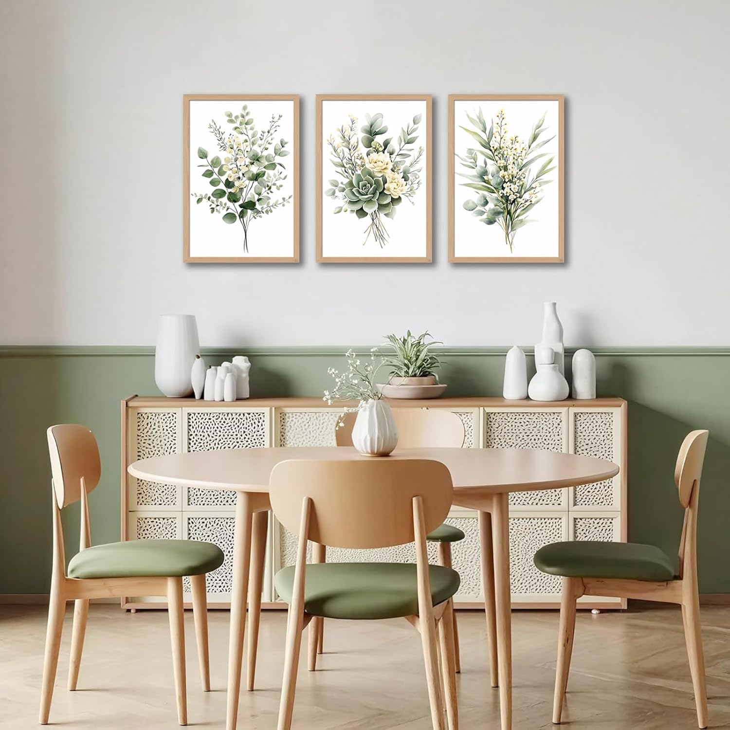 3Pcs Framed Vintage Botanical Wall Art Plant Floral Watercolor Canvas Prints Sage Green Painting Eucalyptus Leaf Picture Modern Minimalist Boho Bedroom Bathroom Living Room Ready to Hang 12x16in