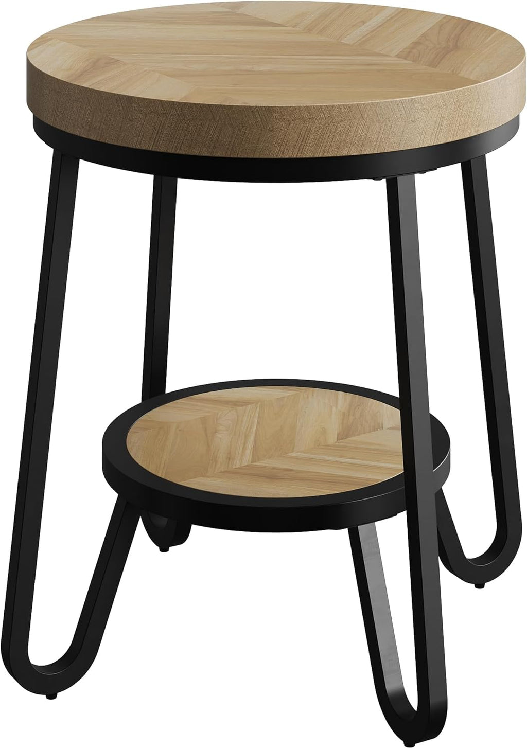 IRONCK Round Side Table, 2 Tier Industrial End Table with Storage Shelf, 19.7" Accent Bedside Table for Living Room, Bedroom, Small Spaces, Wood Tabletop & Curved Metal Legs, Light Brown