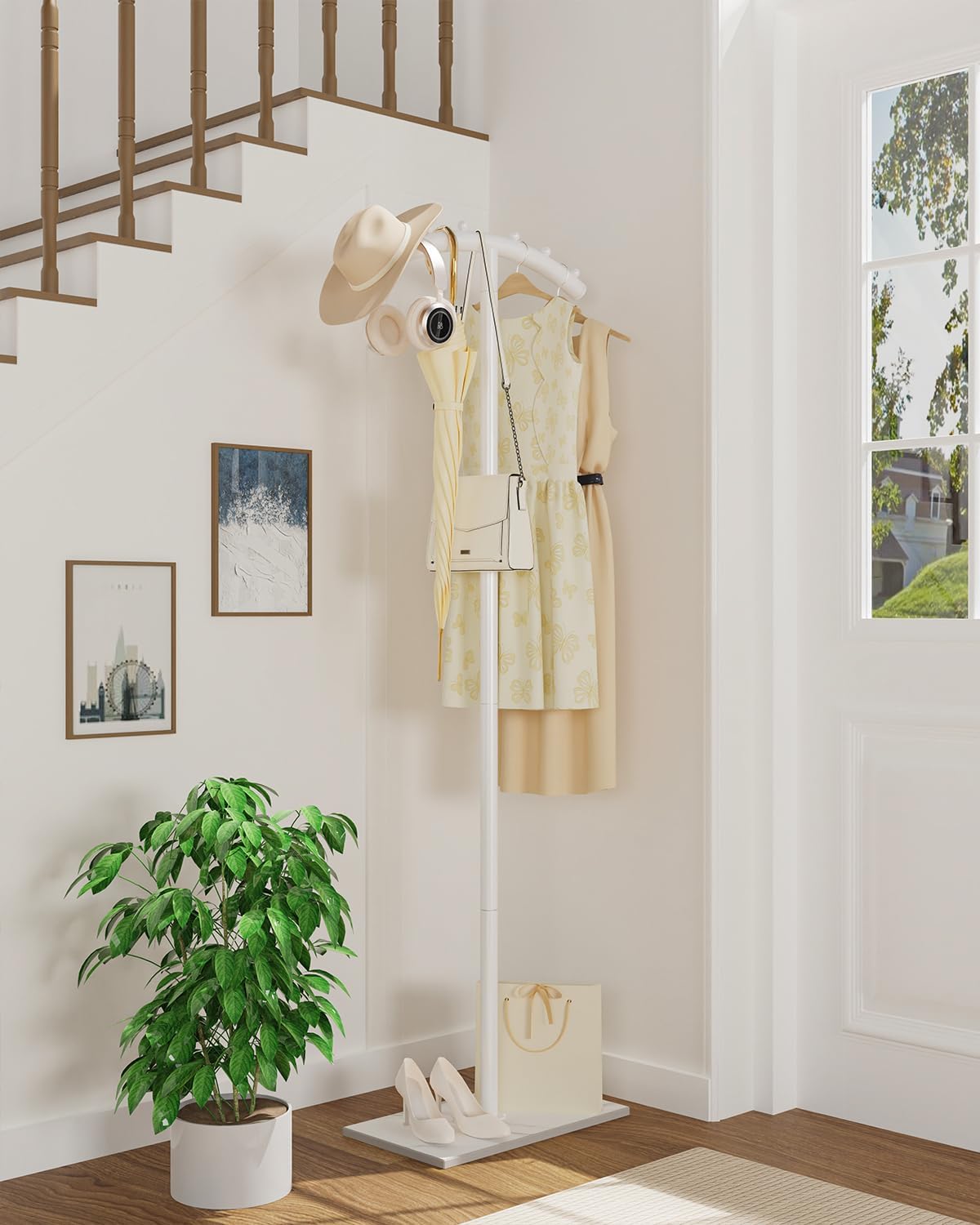 Freestanding Metal Clothes Rack with Natural Rock Base,68.9in,White | T-shaped Coat Hangers with Anti Slip Knots,Easy to Clean Garment Racks for Home,Durable Clothing Trees for Office