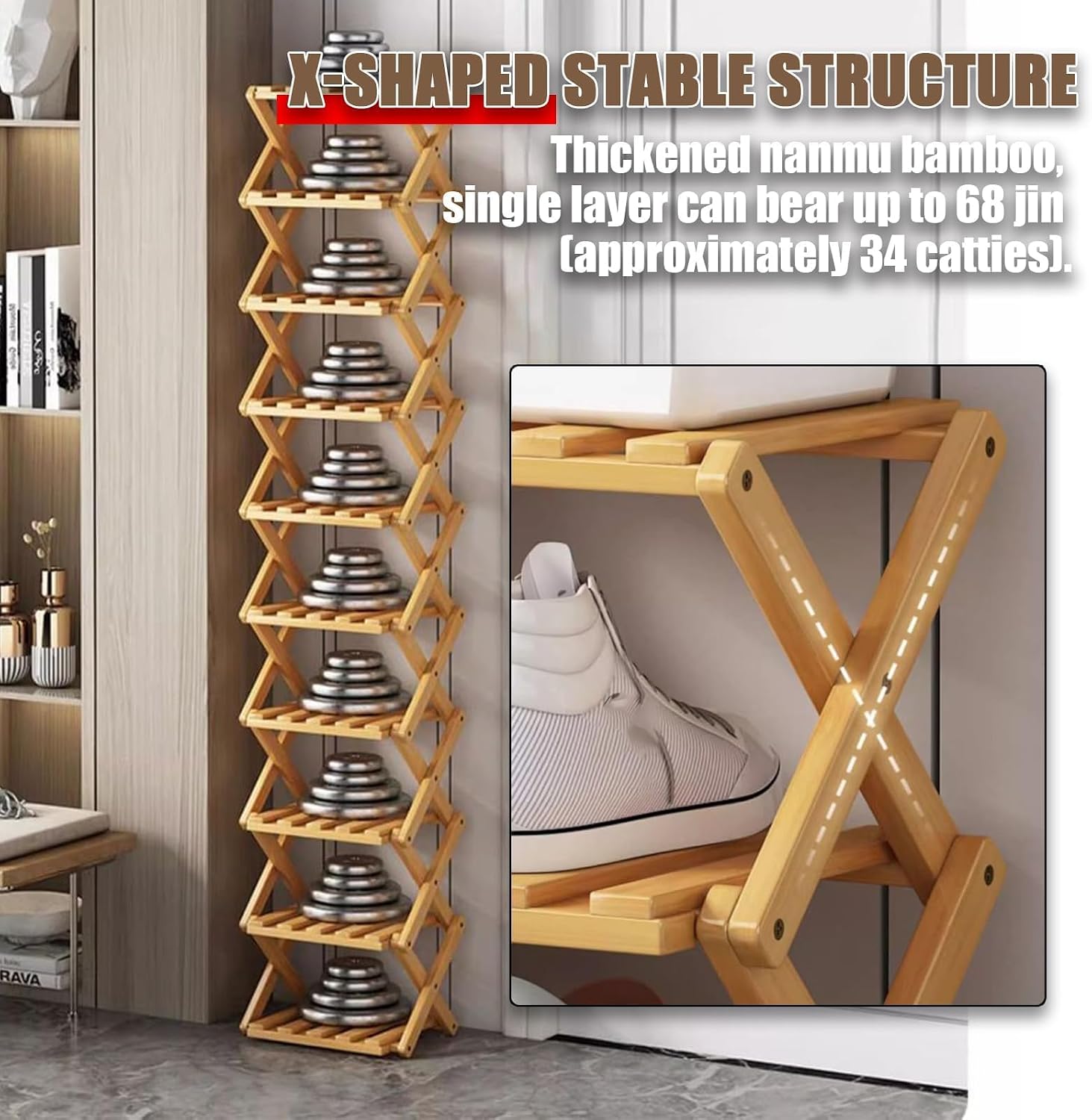 6 Tier Foldable Bamboo Shoe Rack, No Assembly Vertical Space Saving Shoe Organizer for Entryway Closet Corner Tight Small Spaces, 2026 Upgraded Natural Wood