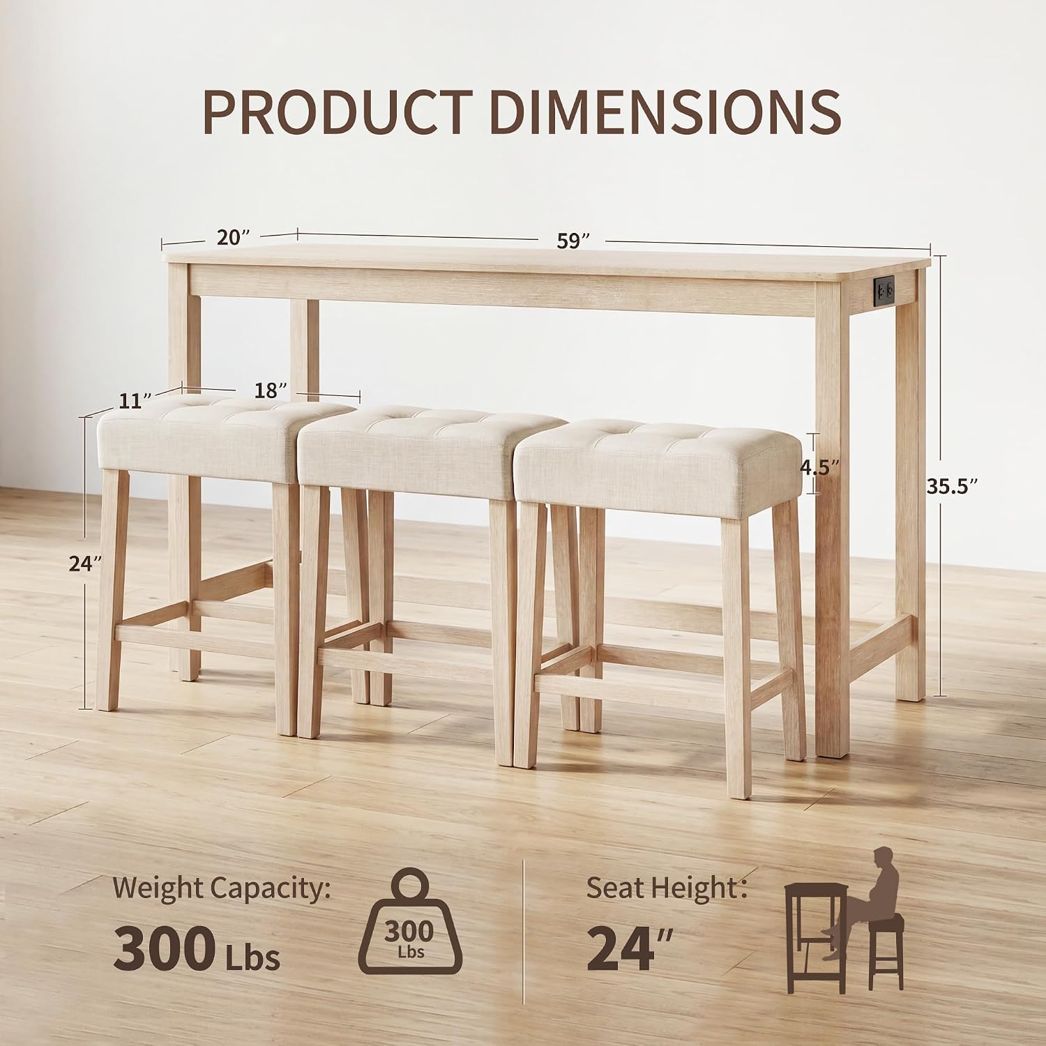 DUHOME 4 Piece Bar Table Set with Power Outlet，Dining Table Set | Industrial Breakfast Table with 3 Padded Stools Solid Wood Counter Height Bar Set for Living Room, Dining Room Natural