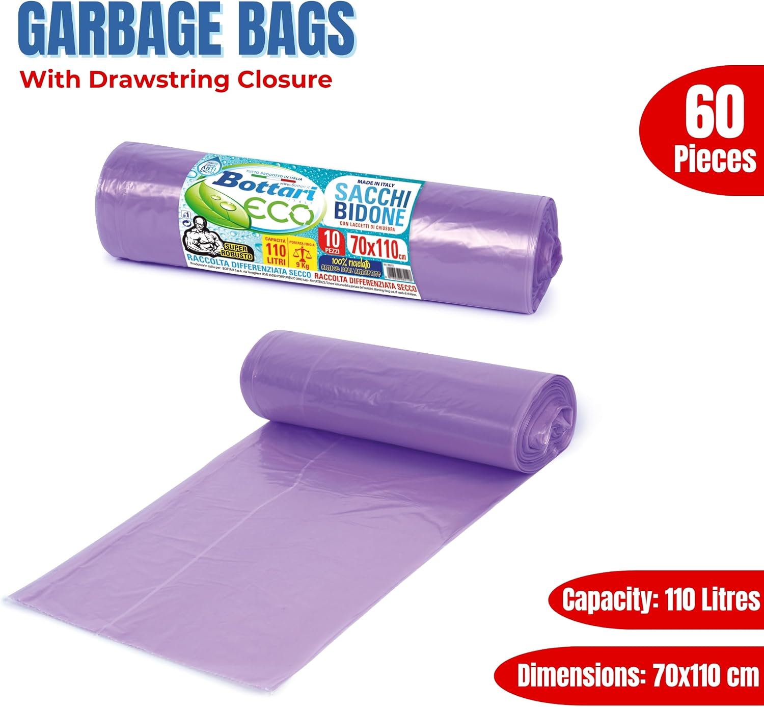 Bottari 60 Sacchi Immondizia 110L 70 x 110 cm with Laccetti di Chiusura, Viola, Raccolta Differenziata Secco, Sacchi per Spazzatura Resistenti e Riciclati, 6 Rotoli da 10 Pezzi