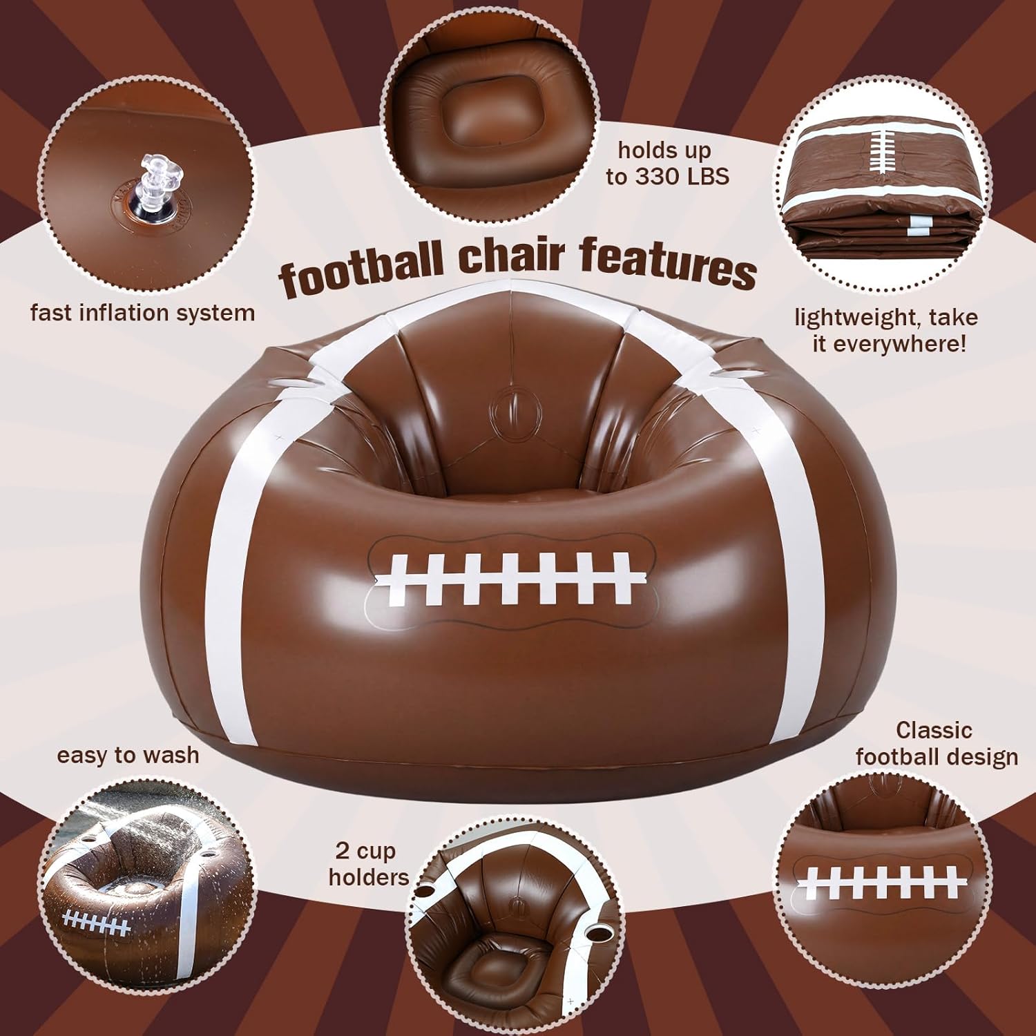 34" Inflatable Football Bean Bag Chair for Kids & Teens with Cup Holders Boys Room Decor PVC Blow up Bean Bag Chair Inflatable Gaming Couch for Boys Video Game Bedroom Camping Night Party