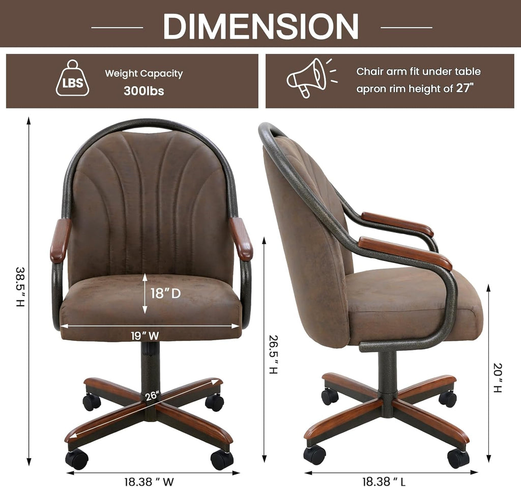 Chromcraft Douglas Set of 2 Casual Dining Chairs Classic Swivel Tilt Dining Chairs with Casters, Wooden Arm Metal Base Chairs with Rolling Wheels for Kitchen & Dining Room (Mocha-Walnut)
