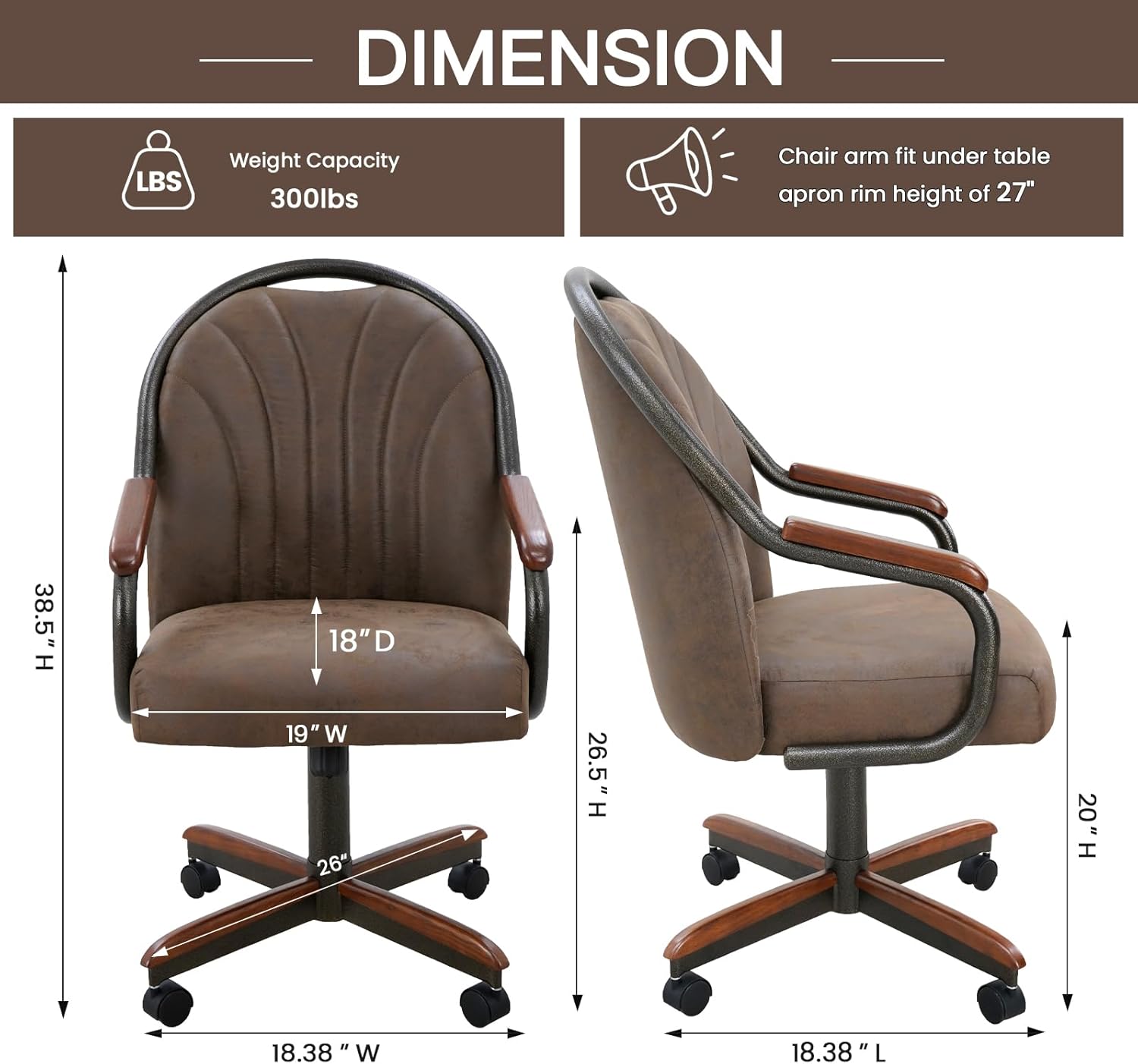 Chromcraft Douglas Set of 2 Casual Dining Chairs Classic Swivel Tilt Dining Chairs with Casters, Wooden Arm Metal Base Chairs with Rolling Wheels for Kitchen & Dining Room (Mocha-Walnut)