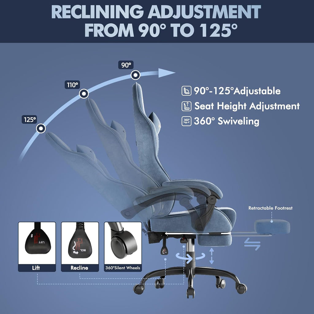 Soontrans Velvet Fabric Ergonomic Gaming Chair with Footrest, Reclining Office Computer Desk Game Chairs with Massage Lumbar Cushion,Headrest,Comfortable Video Gamer Chair for Adult