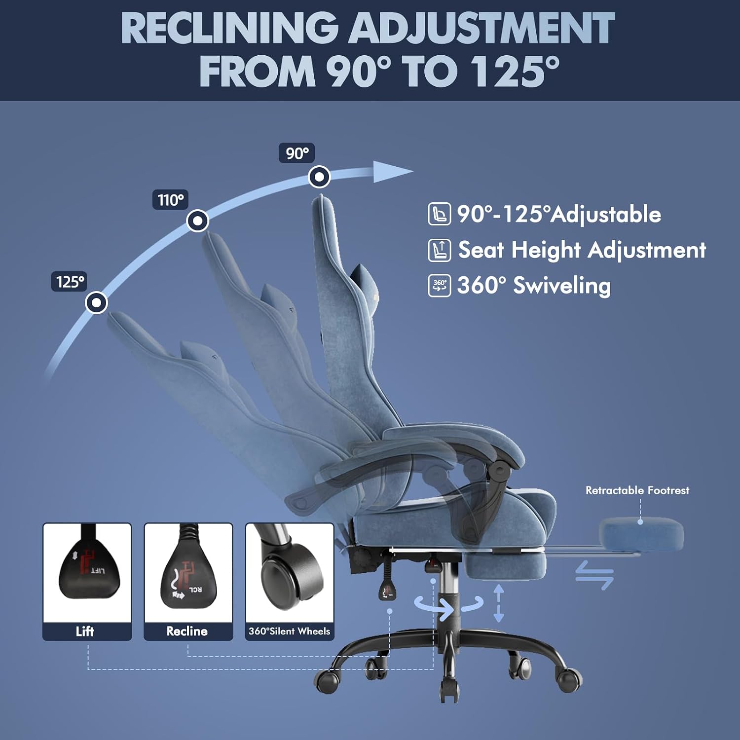 Soontrans Velvet Fabric Ergonomic Gaming Chair with Footrest, Reclining Office Computer Desk Game Chairs with Massage Lumbar Cushion,Headrest,Comfortable Video Gamer Chair for Adult