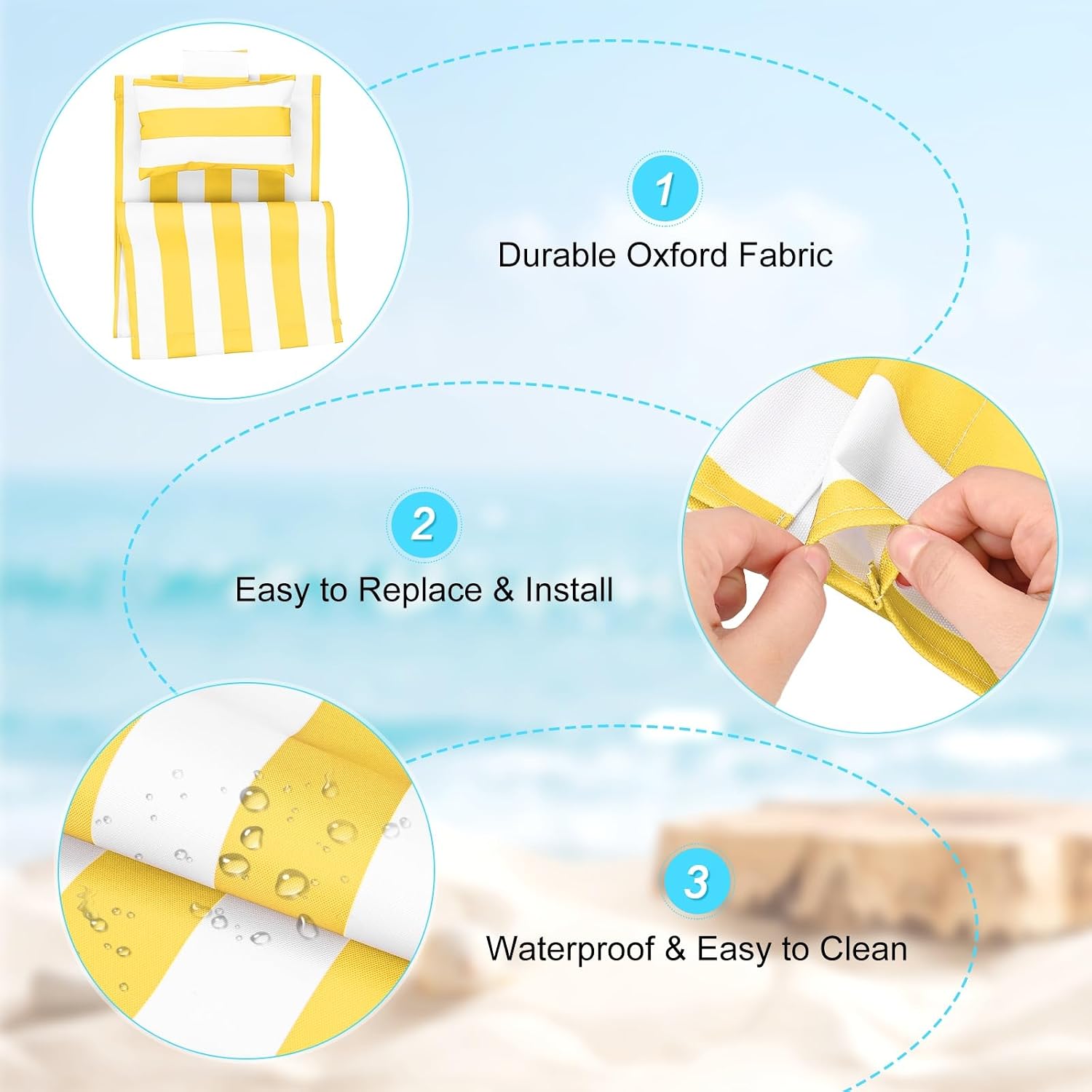 M METERXITY Beach Sling Chair Replacement Canvas, 16x44.5 Inch Folding Lounge Chair Fabric with Pillow for Beach/Sunbathing/Courtyard/Garden [Striped Yellow, Only Replacement]