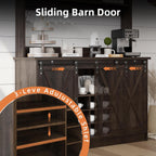 4ever2buy Farmhouse Coffee Bar Cabinet with Storage, 47” Wine Bar with Sliding Barn Doors and 3 Storage Hutch, Hutch Cabinet with 6 Hooks & 9 Wine Racks for Dining Room, Kitchen, Dark Oak