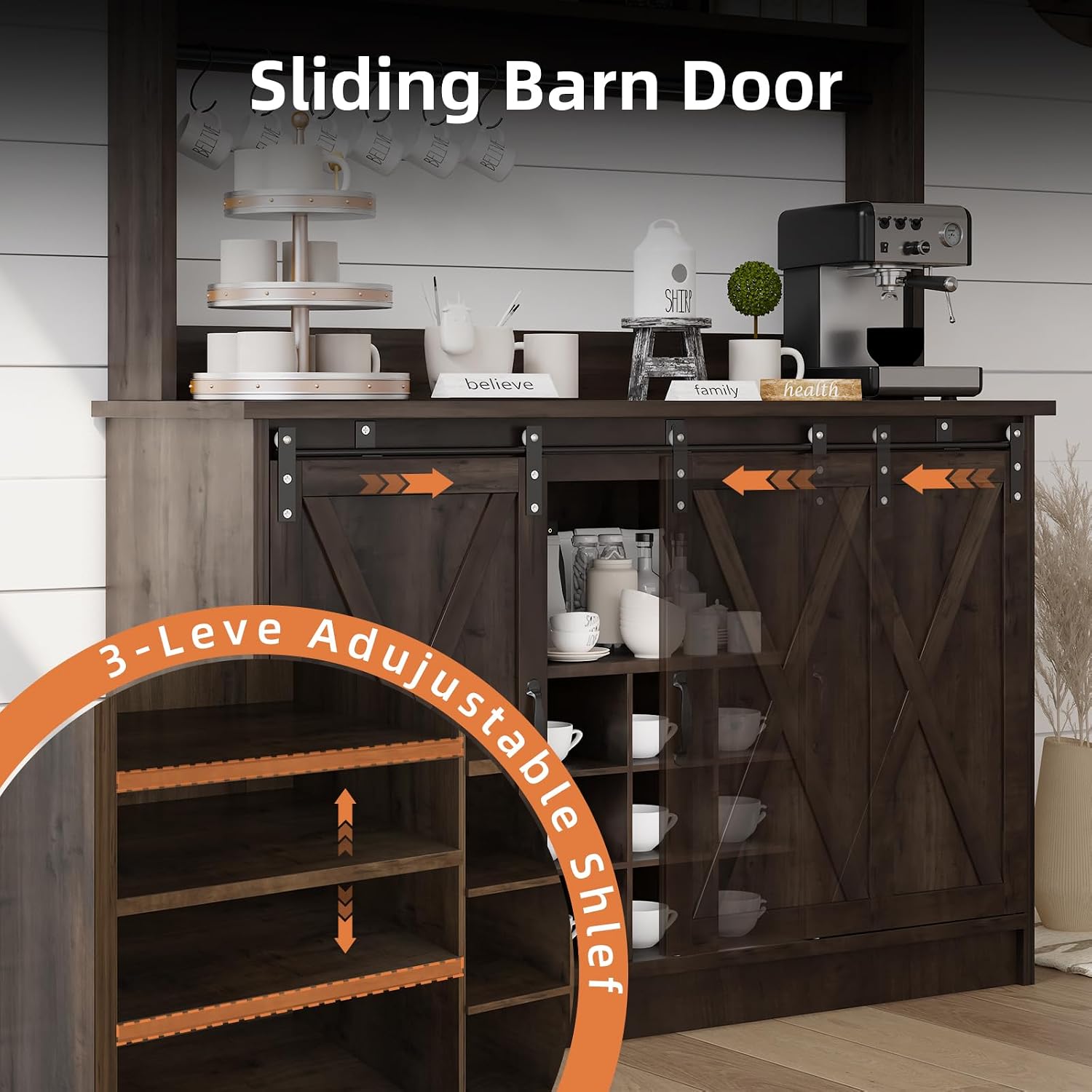 4ever2buy Farmhouse Coffee Bar Cabinet with Storage, 47” Wine Bar with Sliding Barn Doors and 3 Storage Hutch, Hutch Cabinet with 6 Hooks & 9 Wine Racks for Dining Room, Kitchen, Dark Oak