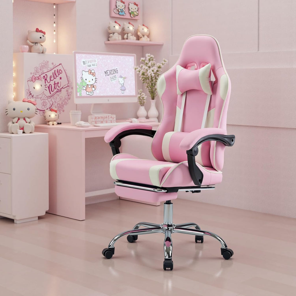 DUMOS Ergonomic Gaming Office Desk Chair with Footrest and Headrest for Adults, PU Leather Video Computer Chair with Linkage Armrests, Height Adjustable 360° Swivel Recling, White Pink