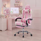 DUMOS Ergonomic Gaming Office Desk Chair with Footrest and Headrest for Adults, PU Leather Video Computer Chair with Linkage Armrests, Height Adjustable 360° Swivel Recling, White Pink