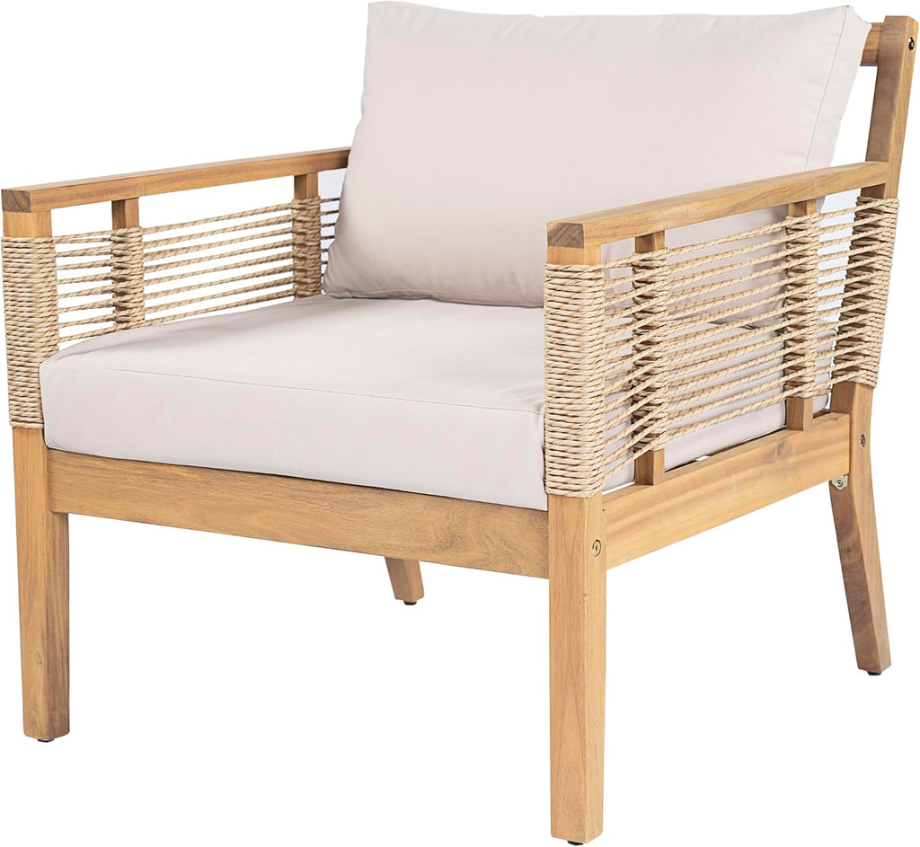 JIVOIT Acacia Wood Club Chairs Set of 2, Outdoor Patio Club Chairs with Hand-Woven Twist Rope, Cushions and Pillows, Adjustable Foot Pads, 400lbs Weight Support, Ideal for Backyard, Poolside