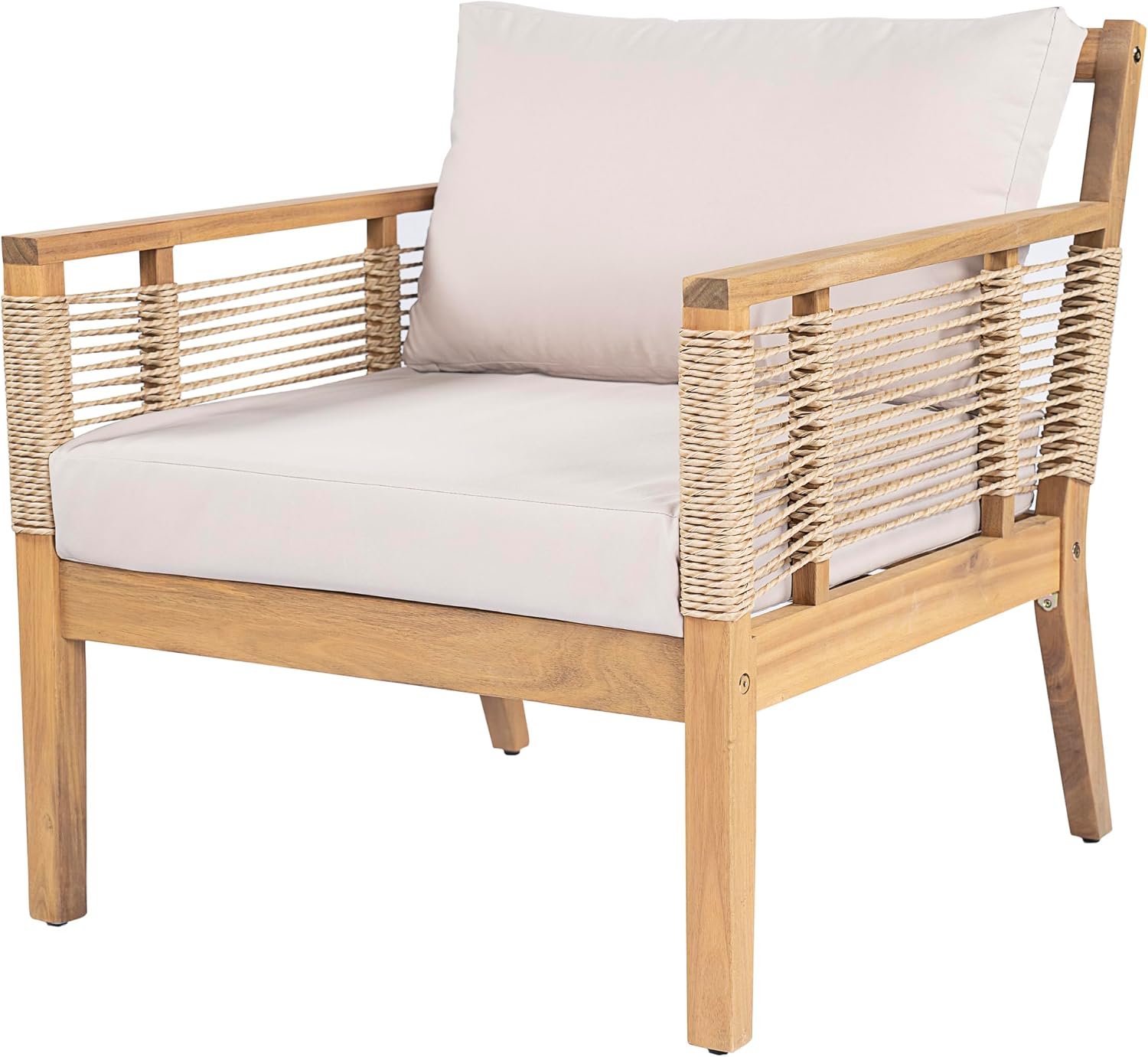 JIVOIT Acacia Wood Club Chairs Set of 2, Outdoor Patio Club Chairs with Hand-Woven Twist Rope, Cushions and Pillows, Adjustable Foot Pads, 400lbs Weight Support, Ideal for Backyard, Poolside