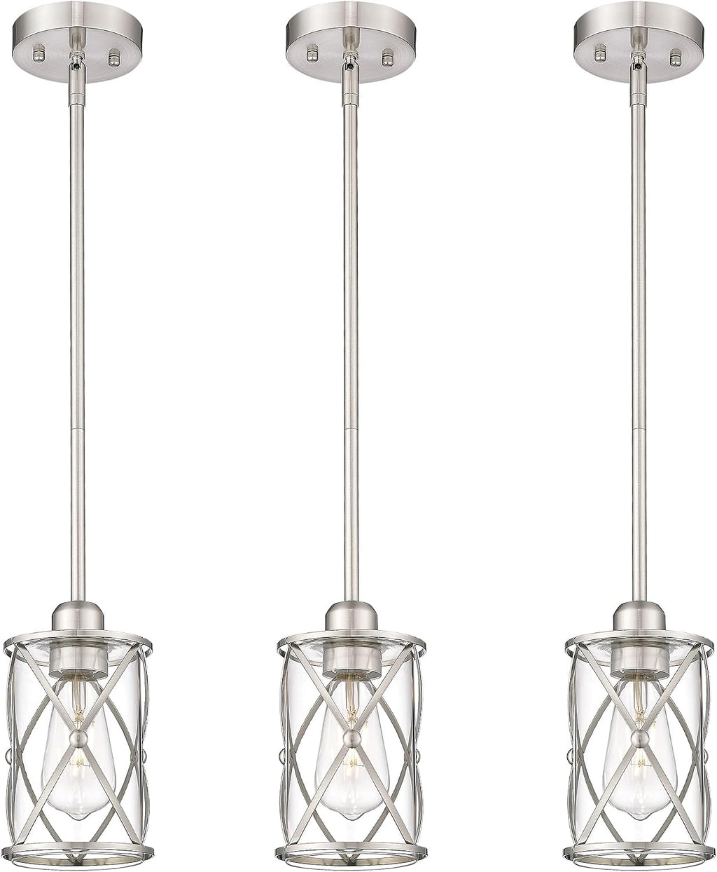 Brushed Nickel Pendant Lights Kitchen Island 3 Pack, Glass Kitchen Pendant Lighting Over Island with Rod, Modern Mini Hanging Light for Kitchen Sink Dining Room, CH9176BN-3PK